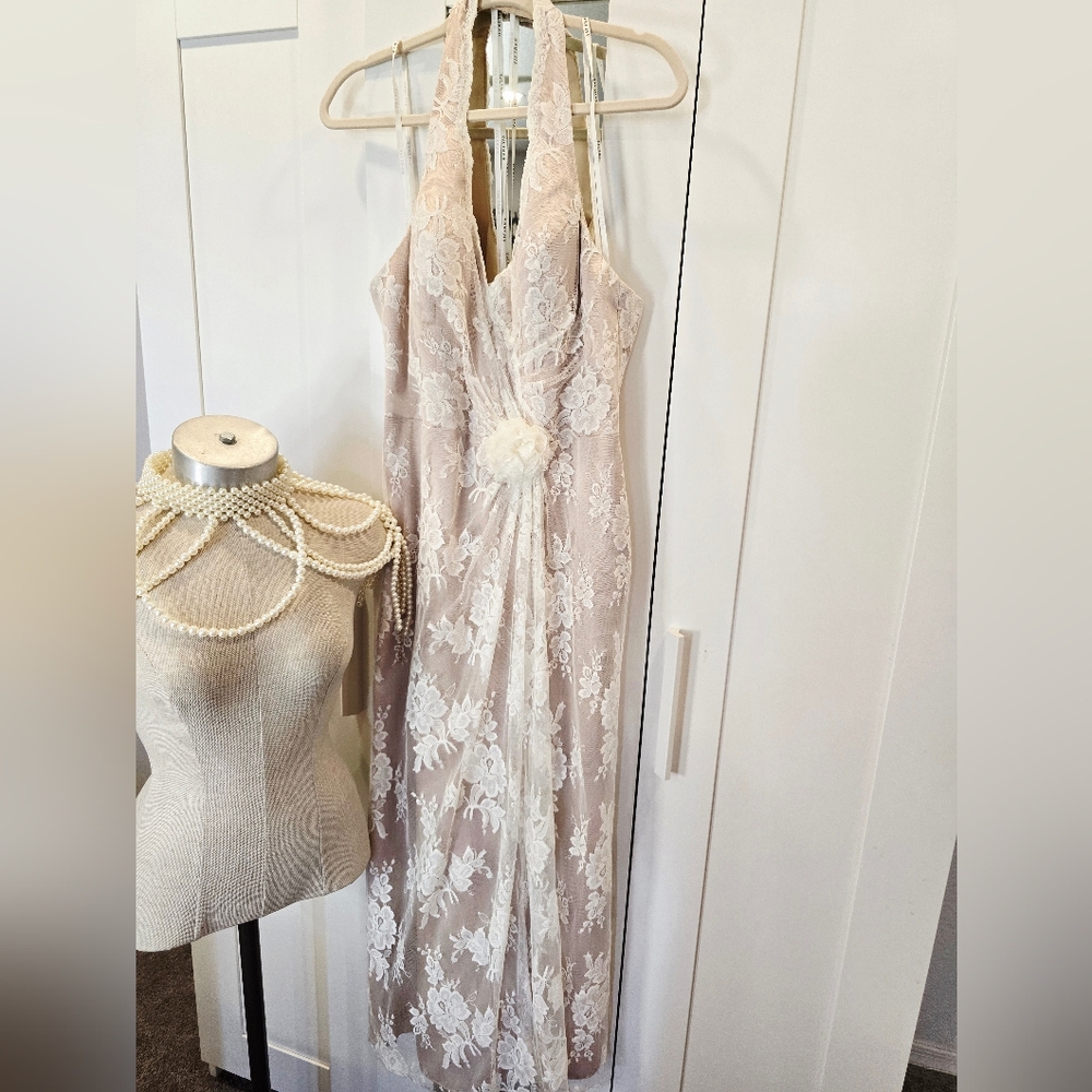 Bari Jay Cream Halter Lace Dress